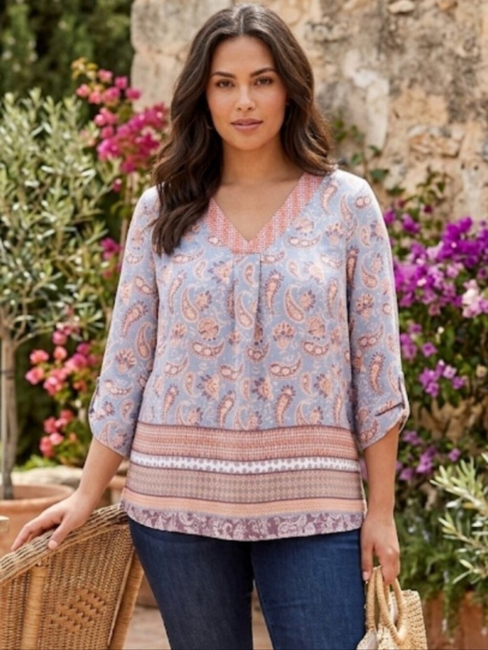 Fred David Lavender Paisley V-Neck Tunic with Peach Trim